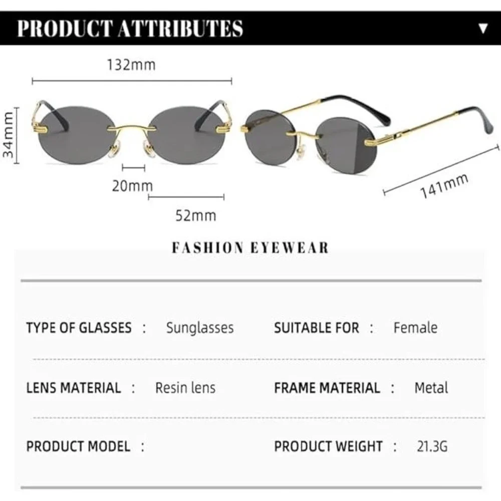 Oval Sunglasses Gold Frame Brown Lens‎ Rimless Vintage Style Men Trendy Hip Hop